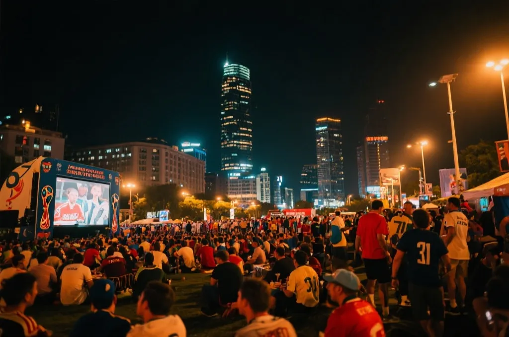 世界杯球迷在城市夜景中聚集观赛的氛围画面
